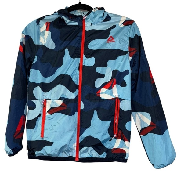 Reebok Blue Camo Boys Blocker Size 10/12 L Red Zip Lightweight Jacket Athletic - Picture 1 of 14